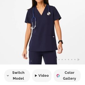 Figs Deep Blue Women's Short Sleeve V-Neck Top